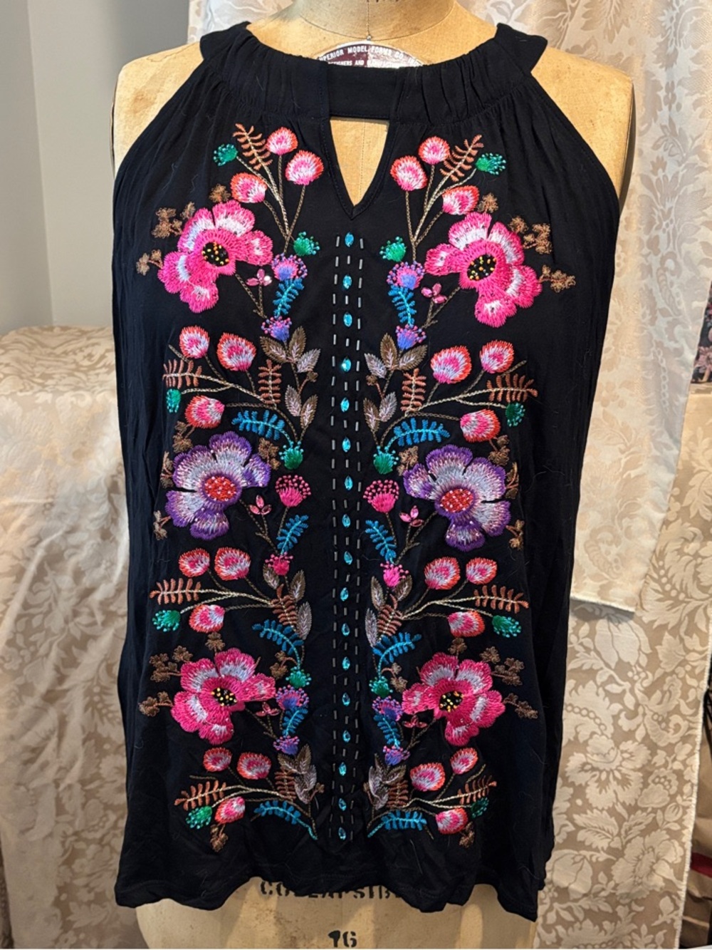 Beautiful INC Black Floral Embroidered Top